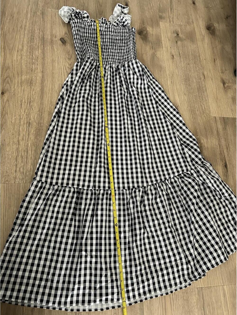 Gingham Smocked Maxi Dress Ruffle Strap Black/White Square Neck Sleeveless Small - Picture 5 of 6